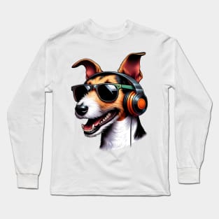 Smooth Fox Terrier Smiling DJ with Headphones and Sunglasses Long Sleeve T-Shirt